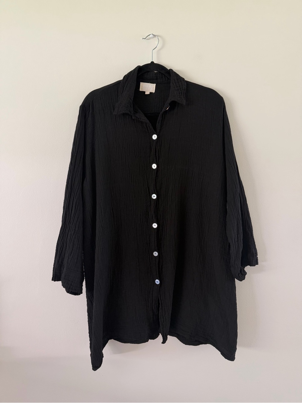 100% Cotton Black Long Sleeve Button Down Minimalist Cottage Mini Dress L/XL